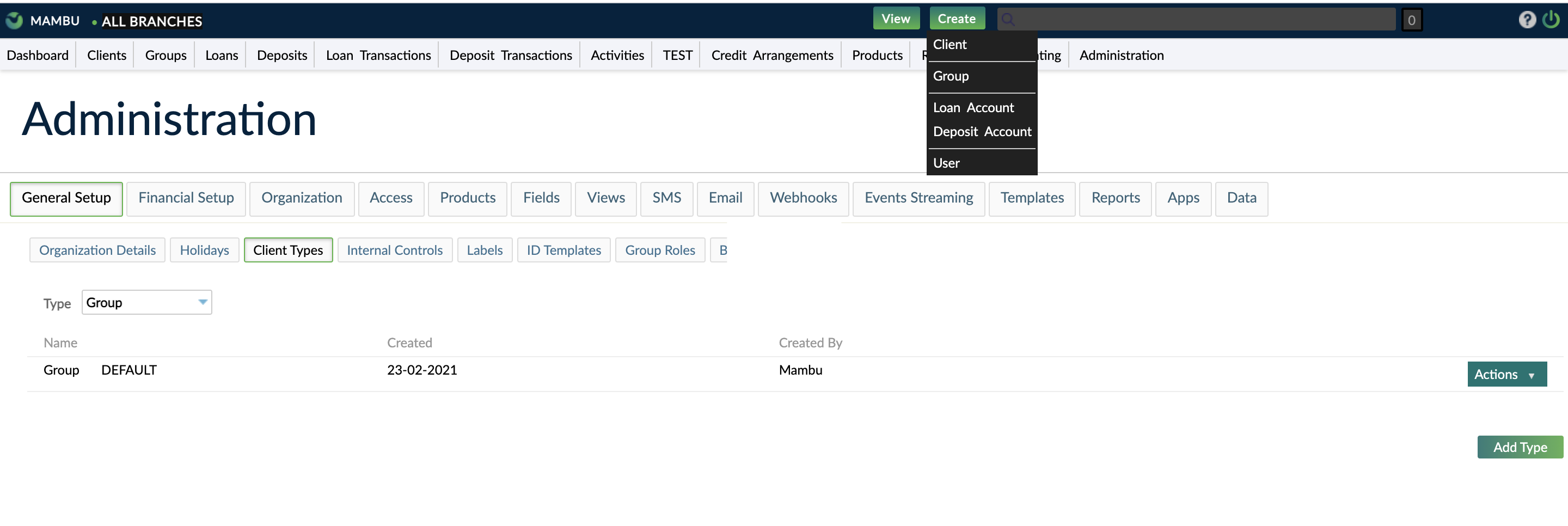 Create menu with default group type available